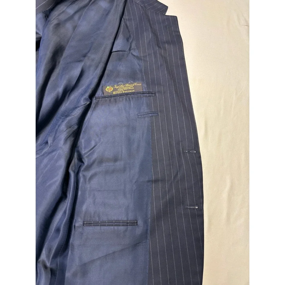 Hickey Freeman x Loro Piana Pinstripe Suit Navy Wool Mens 44R W36 L27 USA